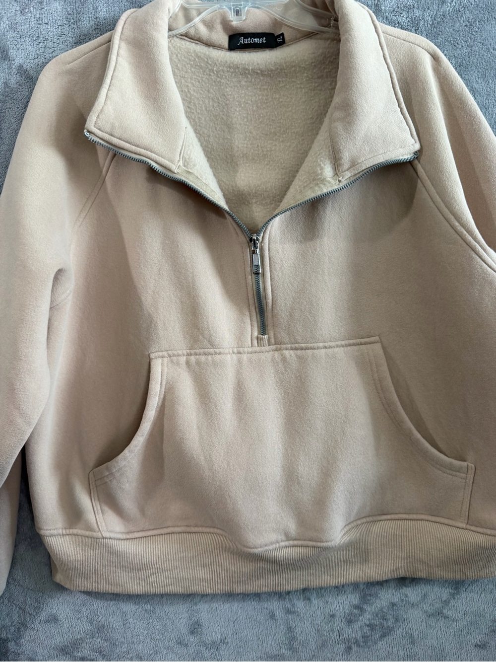 Automet Women’s XL Beige Half Zip Oversized Pullover Sweatshirt Kangaroo Pocket
